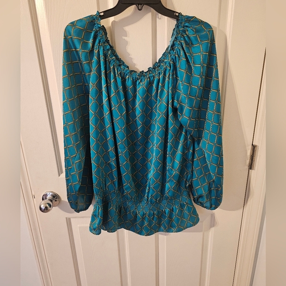 Michael Kors Long Sleeve Teal & Gold Chain Link Blouse Size L - Picture 1 of 5